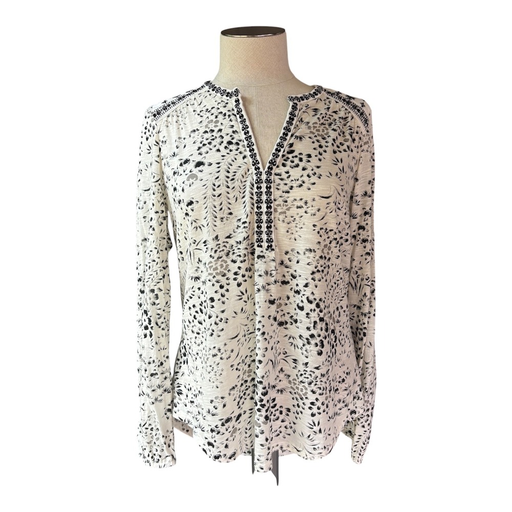 Lucky Brand Women's M Boho Floral Embroidered Cotton Modal Peasant Blouse